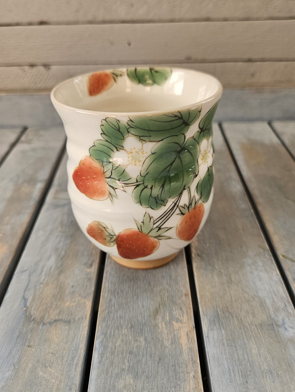 Hand-Painted Strawberry Ceramic Vase Red Green and White